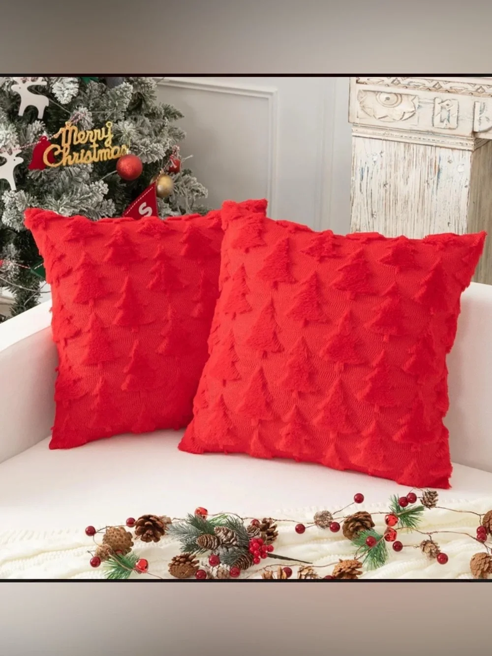 Christmas Tree Pillow Covers Set of 2 18x18 inches Faux Fur Red